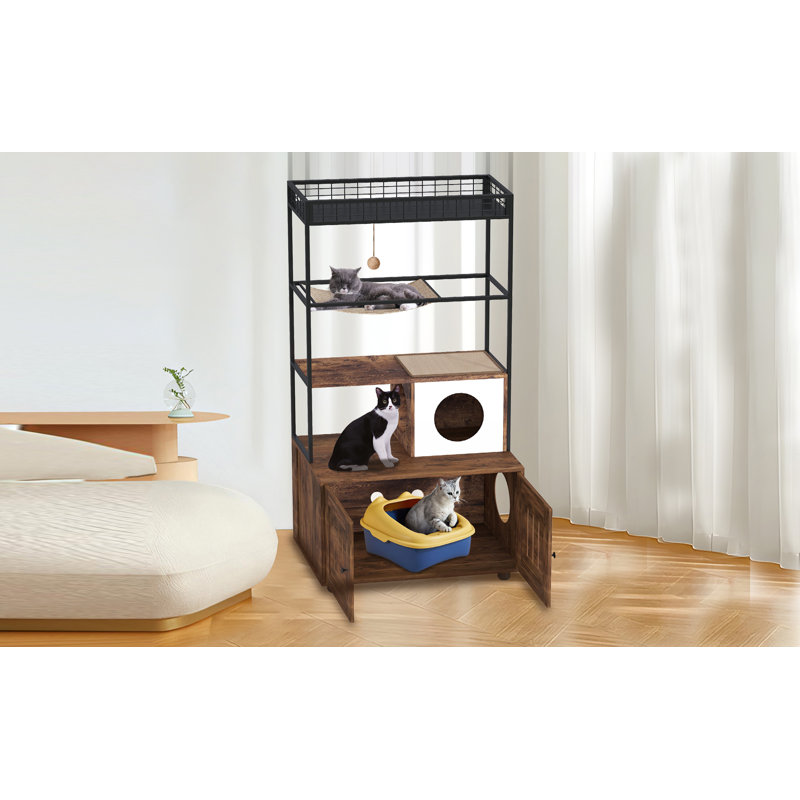 Grande boîte à litière en bois pour chat avec tablettes de rangement - Toilette cachée pour chat avec hamac et boule suspendue, rétro