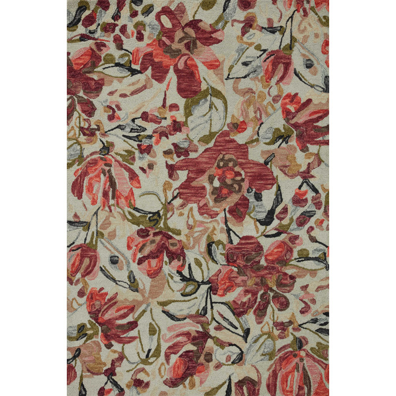 Tapis floral rouge / beige en laine crocheté à la main Oberlander, Rectangle 3 pi 6 po x 5 pi 6 po