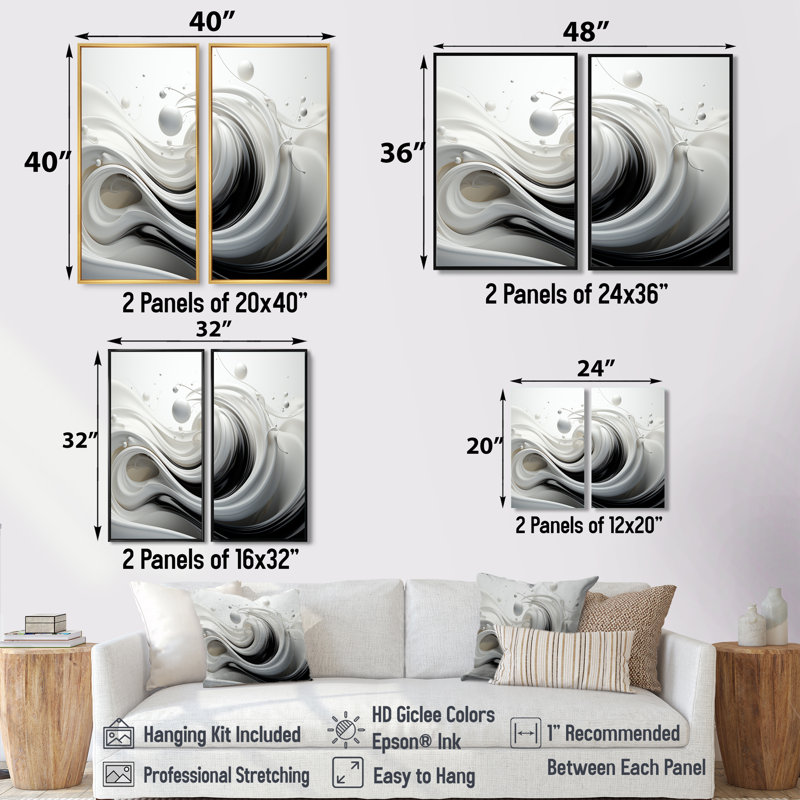 Liquide, tourbillons de noir et blanc I - impressions sur toile modernes, H 36 po x l 48 po, Impression encadrée flottante