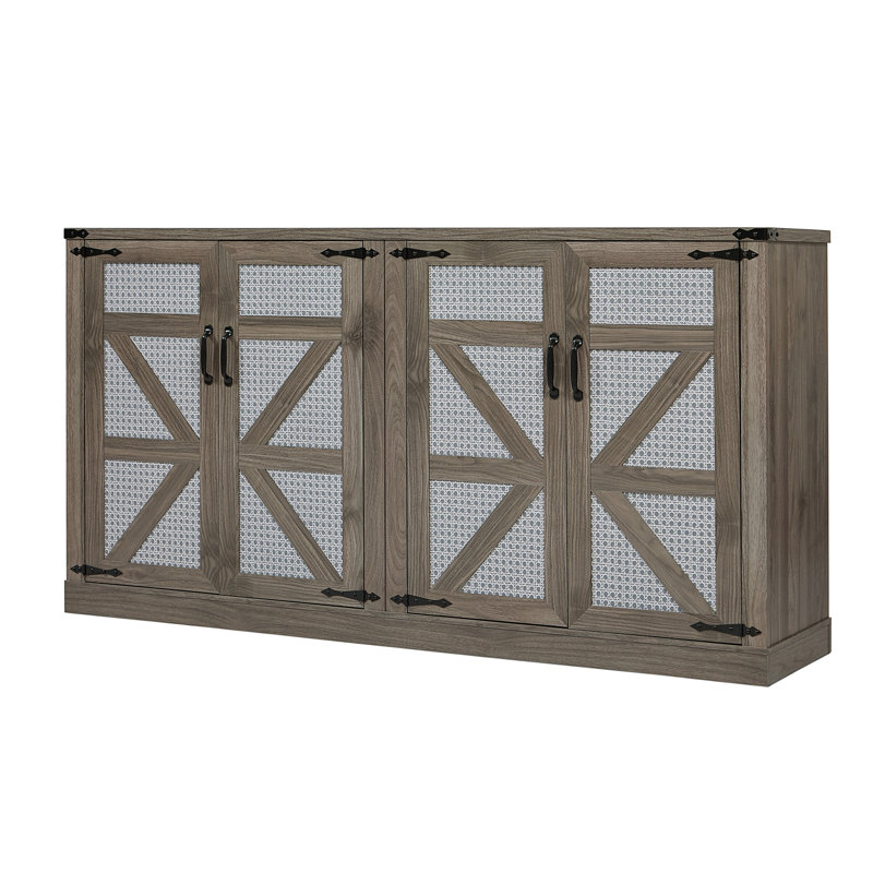 Buffet rustique en faux rotin, buffet de style rustique avec porte de grange, armoire de rangement à quatre portes