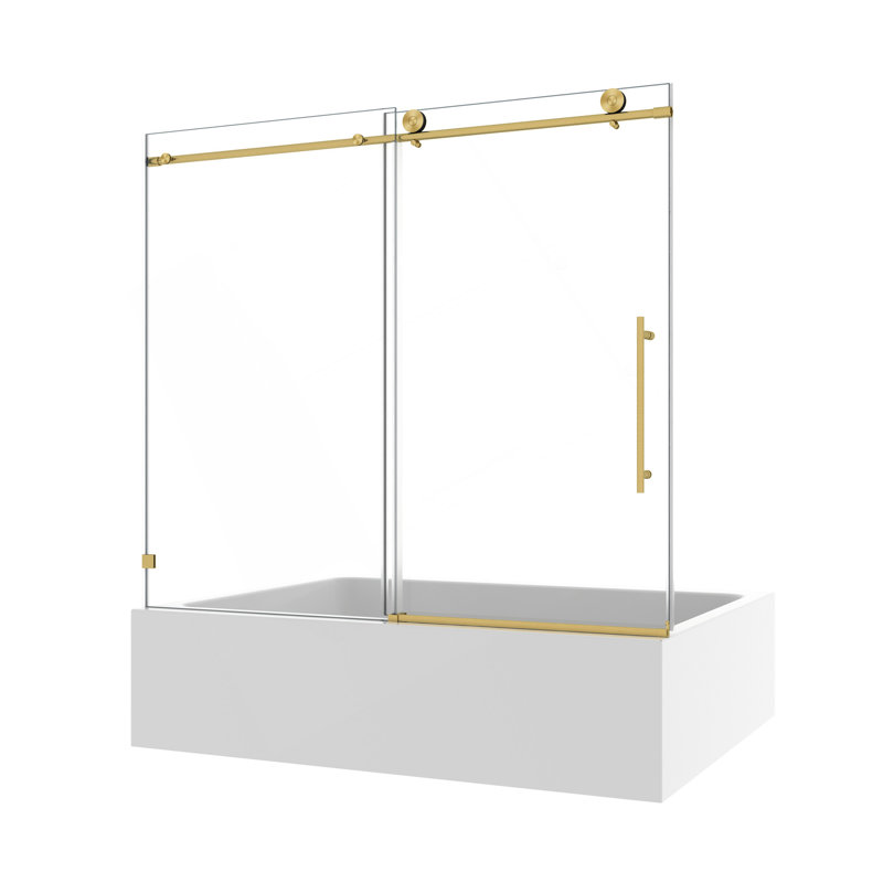 60 po x 63 po, porte de douche fixe et décalée en or brossé de 60 po x 63 po, grandes poulies en acier inoxydable 304 de 70 mm avec fonction de fermeture en douceur réglable, nettoyage facile, poignée anti-déflagrante