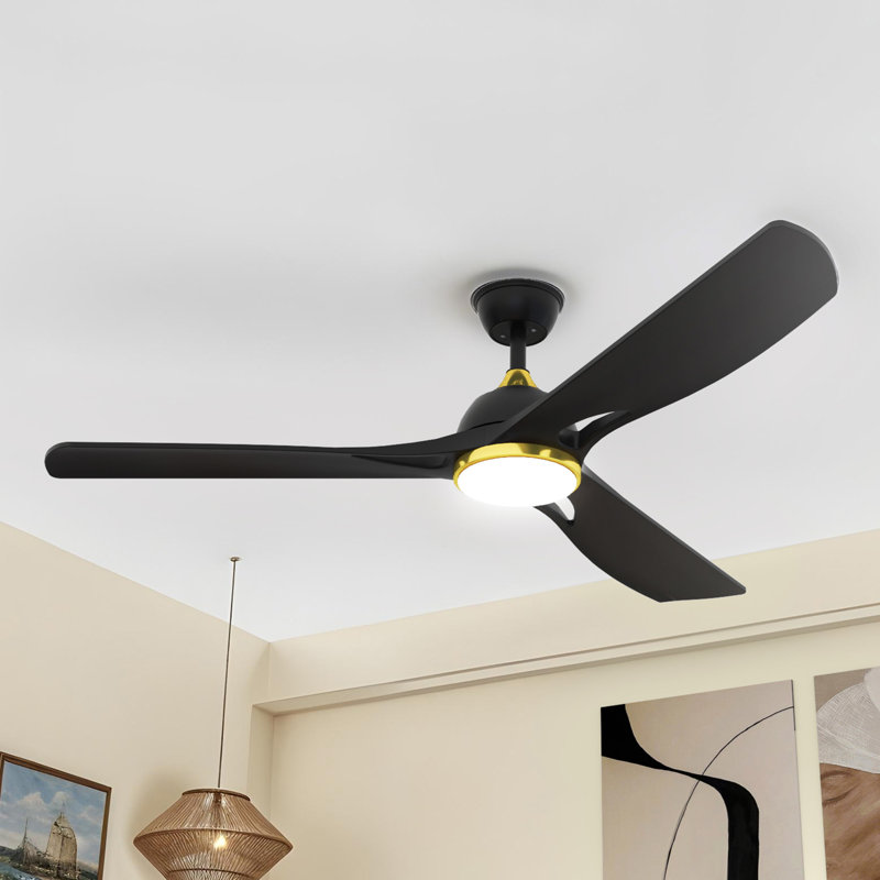 56-Inch Ceiling Fan with LED Light, App & Remote Control, Reversible DC Motor, Black, Gold/Black