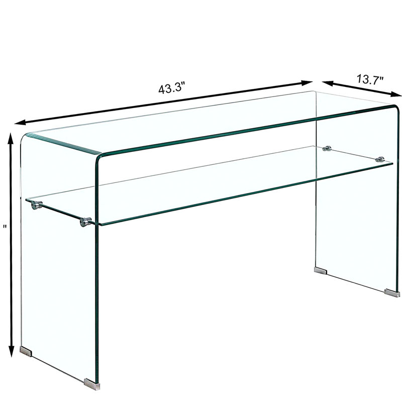 Console en verre, console en verre trempé transparent avec bureaux à bords arrondis, table de canapé