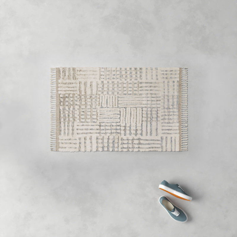 Benjamin Geometric Hand Knotted Ivory/Sky Area Rug, Rectangle 2' x 3'