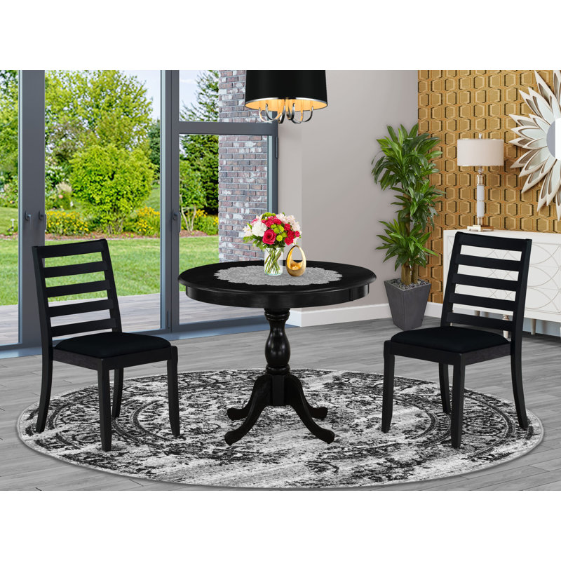 Dining Set Includes a Round Kitchen Table, Stackable Dining Chairs, Wire Brushed Black, 3