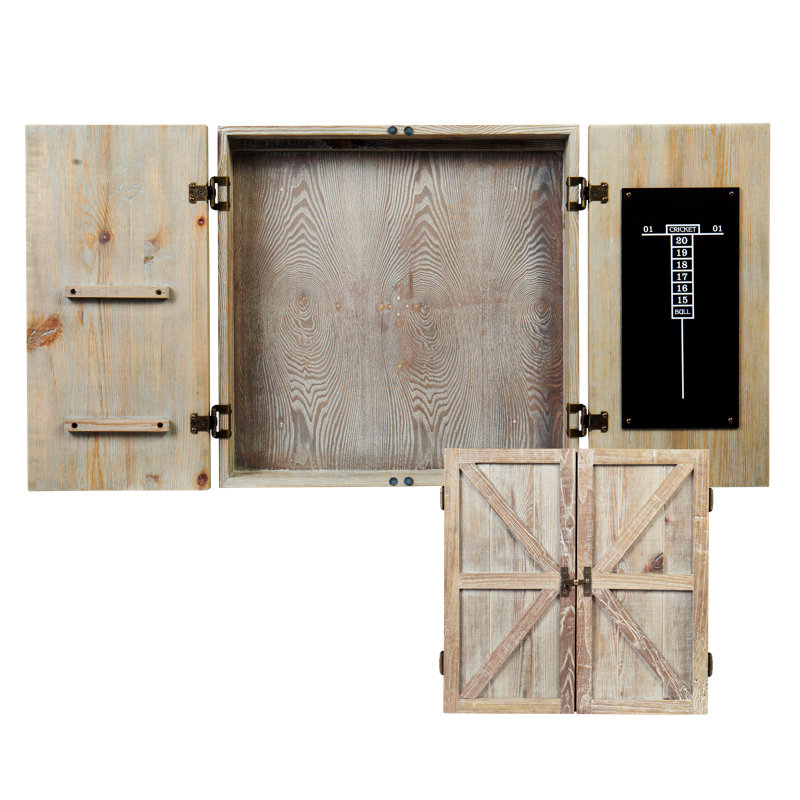 Rustic Wheat-Finished Barnwood Dartboard Cabinet with Brass Hardware
