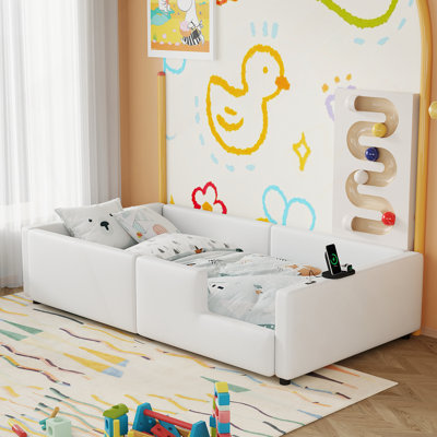 Lit plateforme simple tapissier avec garde-corps et station de charge, blanc