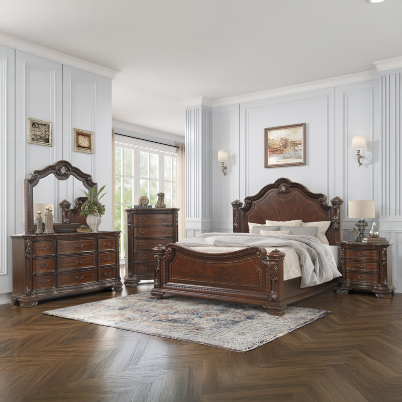 Ensemble de chambre à coucher Bharata, Grand, 5 Pcs: Bed, 2 Dressers, Mirror, Nightstand