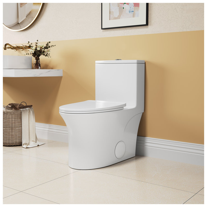 Toilette allongée blanche une pièce avec double chasse, hauteur confortable, siège à fermeture douce, certifiée CUPC et WaterSense