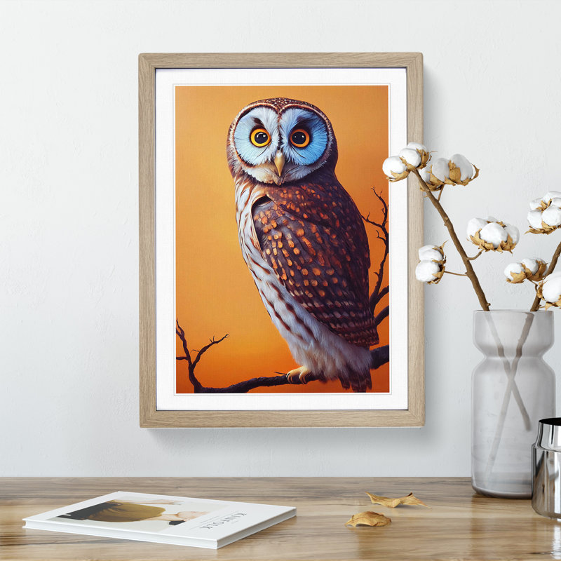 Owl upon a Branch No.1 - Framed Print, 34cm H x 25cm W x 2cm D, Oak Framed