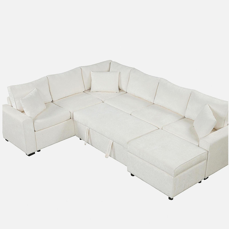 Ensemble de canapé-lit de 112,2 po avec canapé-lit escamotable, repose-pieds avec rangement, trois coussins et équipement de recharge, couleur crème, pour le salon