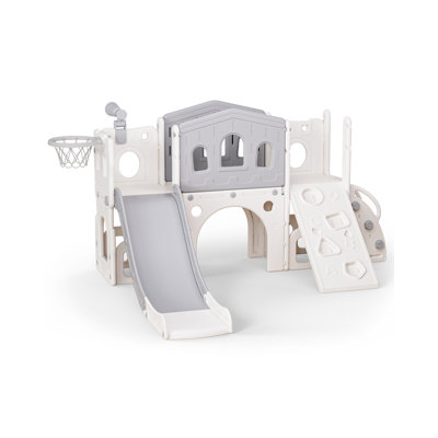 Large Toddler Slide Playset with Climbing Ramp, Ladder, Crawling Tunnel, Basketball Hoop & Telescope, Indoor Outdoor Kids Playground Set Montessori Ac