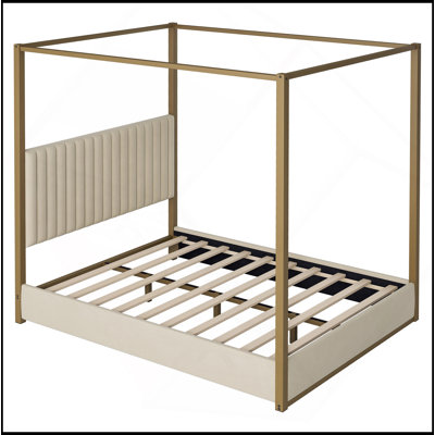 Grand lit plateforme à baldaquin avec tête de lit et structure en métal, beige