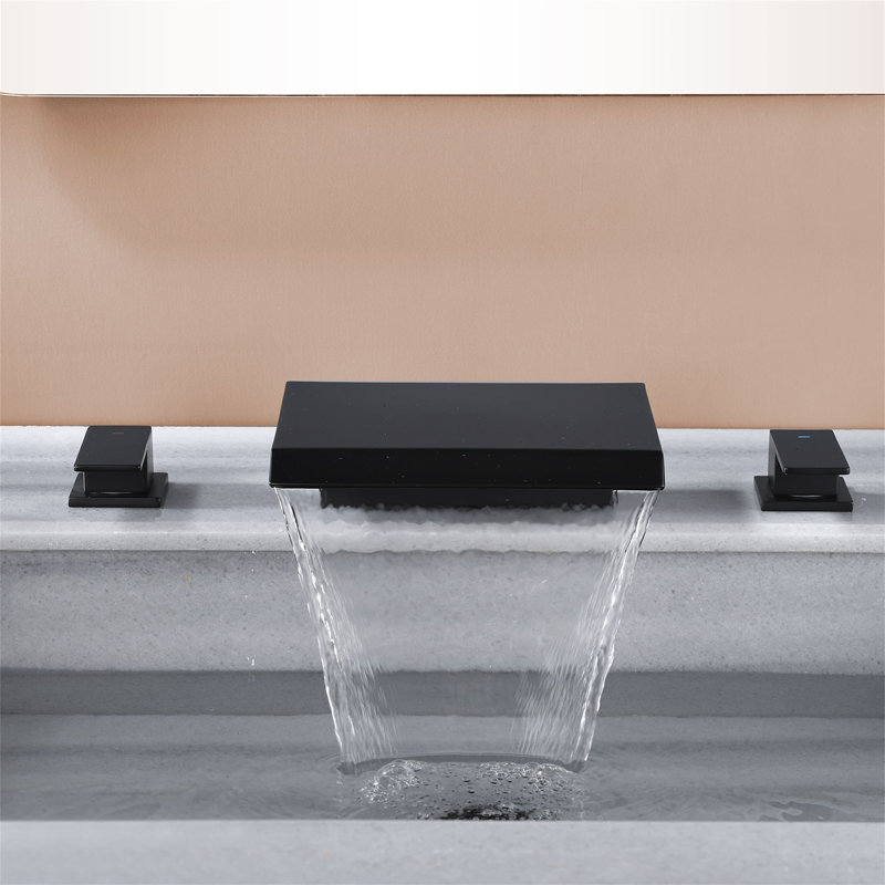 Waterfall Deck Mounted Tub Faucet 3 Hole Bathtub Faucets Modern Brass Double Handle Tub Fillers With Valve, Matte Black