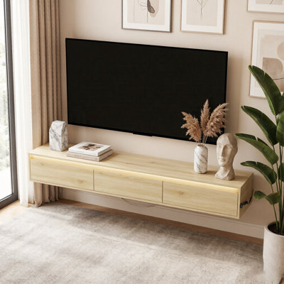 Meuble télé mural flottant de 165 cm avec éclairage DEL et prise électrique, centre multimédia moderne et minimaliste avec grand espace de rangement, console multimédia pour appartement, bois naturel