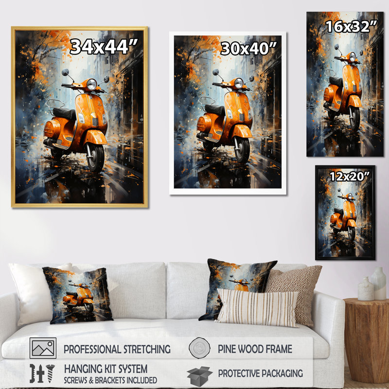 «Orange Urban Scooter Vibes» sur toile, H 20 po x l 12 po x P 1 po, Cadre flottant noir