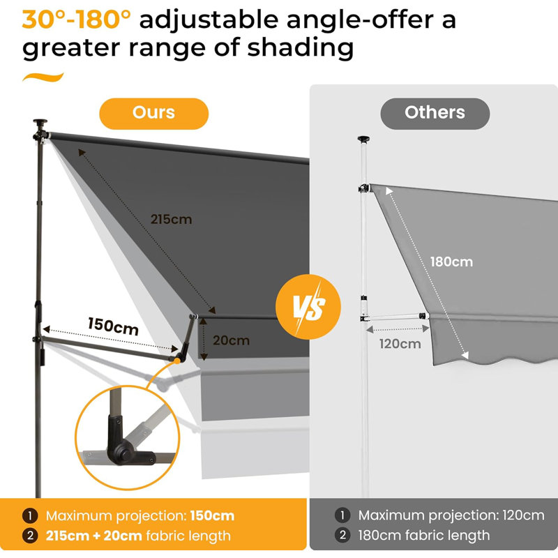 Manual Retractable Awning 79"x118" Foldable Side Bar 30°-180°,Outdoor Patio Awning Height Adjustable, Carbon Gray