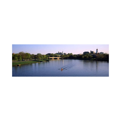 Boat In A River, Charles River, Boston & Cambridge, Massachusetts, USA - Wrapped Canvas Panoramic Print