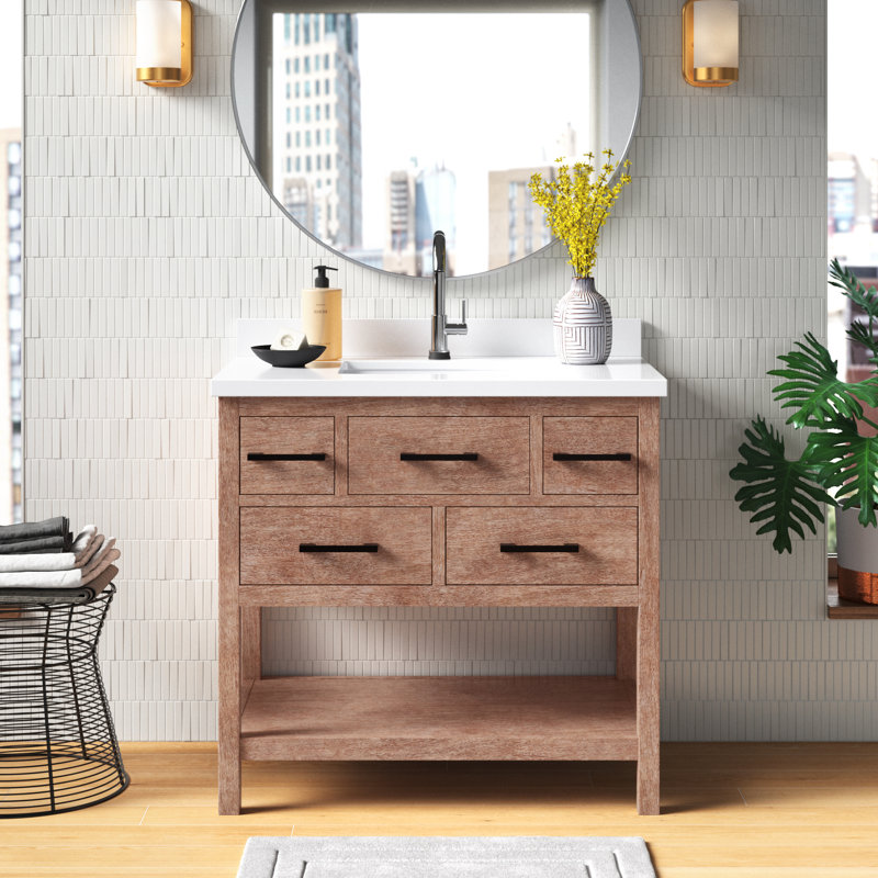 Weathered Brown 36" Solid Wood Farmhouse Vanity with Quartz Top