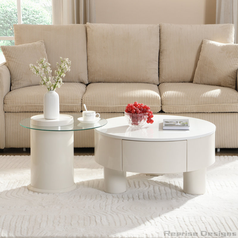 Ensemble de deux tables basses gigognes rondes, Plateau blanc / base blanche