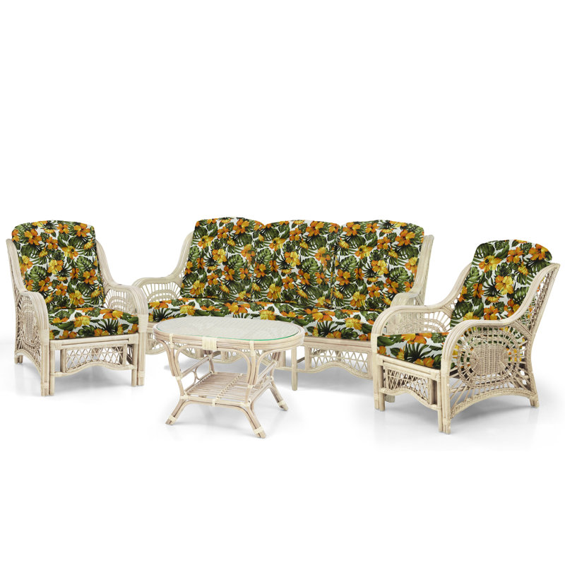 Floral Upholstered White Wash Rattan Lounge Set with Glass Coffee Table