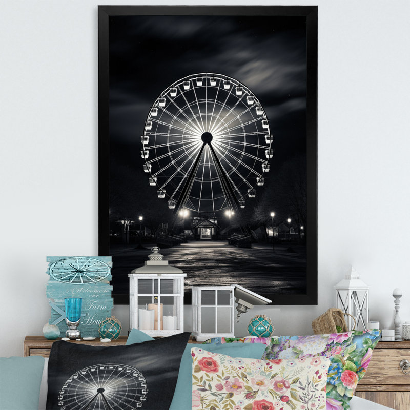 «Black Ferris Wheel Midnight Carousel I - Cityscapes», art mural sur toile, H 44 po x l 34 po x P 1,5 po, Cadre photo noir