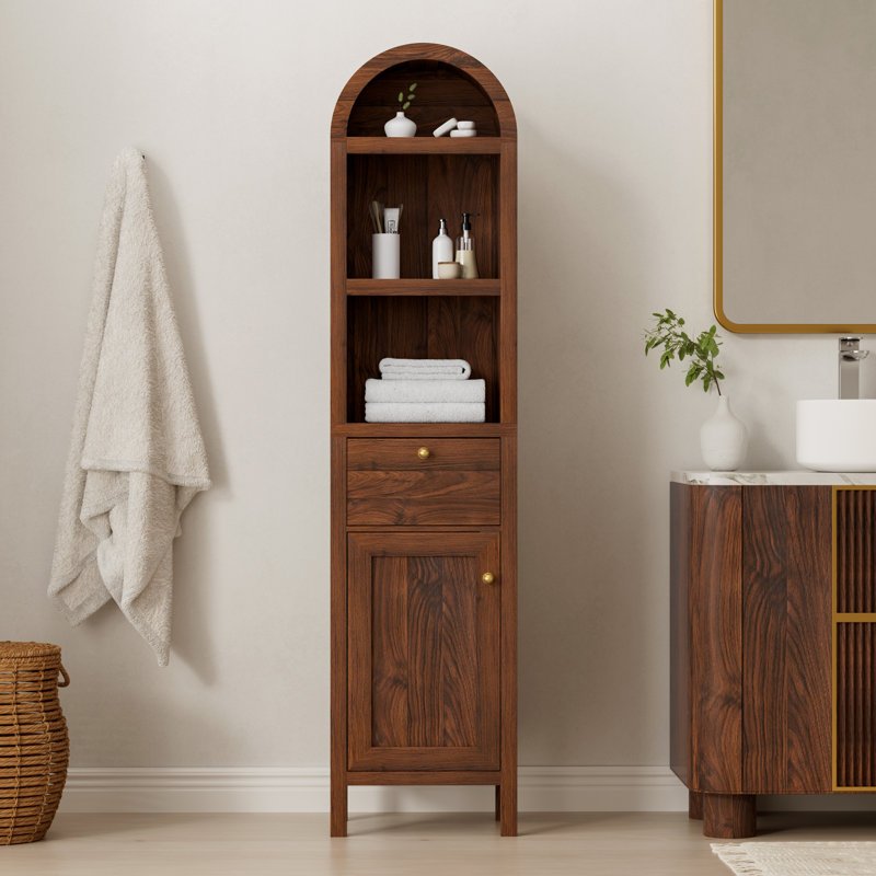 67" Farmhouse Arched Storage Tower With Door And Drawer – Laminate Cabinet With Brass Handles For Living Room, Bathroom, Or Kitchen