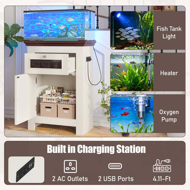 Support d'aquarium de ferme 15 gallons avec station de charge, support pour aquarium avec armoire de rangement, support pour aquarium