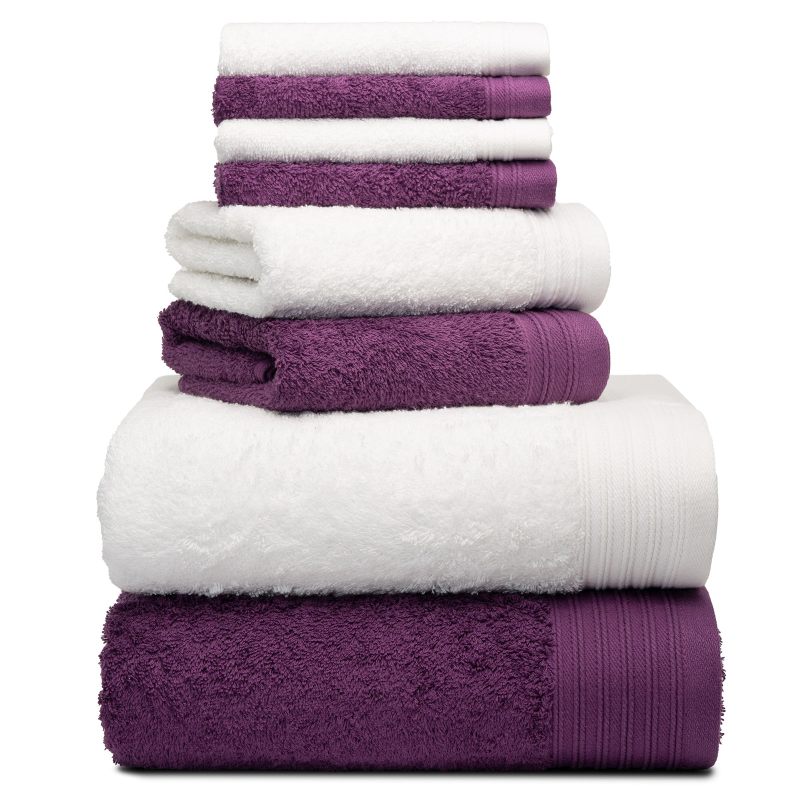 Doncia 8 Piece 100% Cotton Towel Set, Plum/White