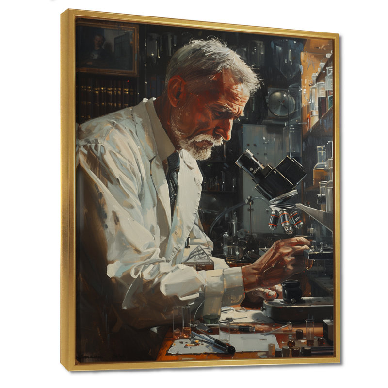 Reproduction d'art laboratoire blanc blanc noir microscopique, H 34 po x l 44 po, Cadre flottant doré