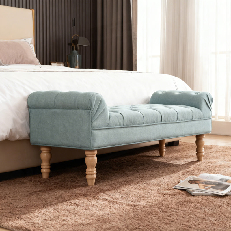 Button-Tufted End of Bed Bench,Large Upholstered Ottoman,Foot Rest with Legs,Footstool with Rolled Arms,Upholstered Fabric Bench,Indoor Bench for Bedroom,Living Room,Entryway