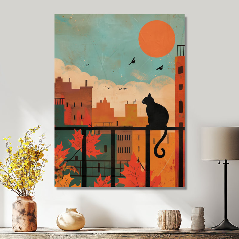 Art urbain, chat urbain regardant le coucher de soleil II - Chat, Toile tendue, H 40 po x l 30 po x P 1,5 po