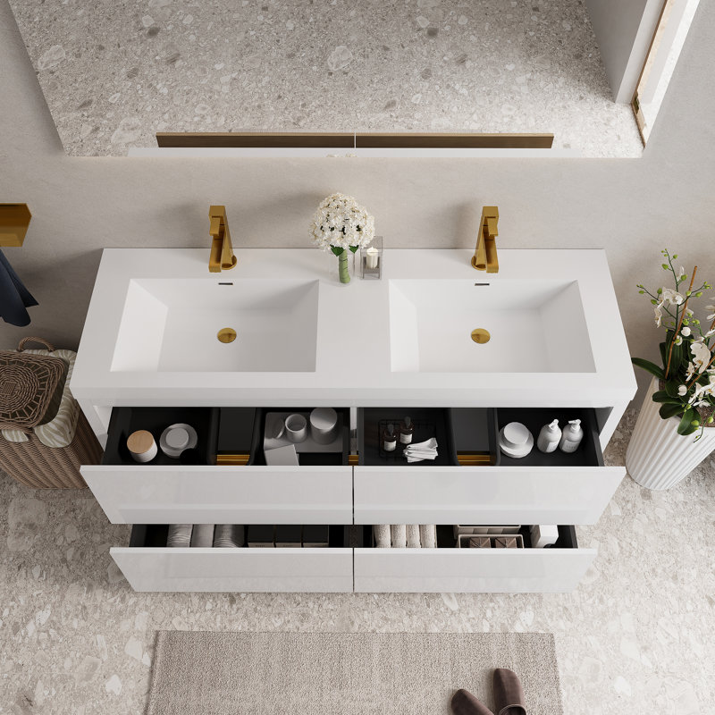 Meuble-lavabo autoportant avec lavabo, armoire de rangement avec comptoir de qualité supérieure et tiroirs à fermeture en douceur, idéal pour les salles de bain modernes