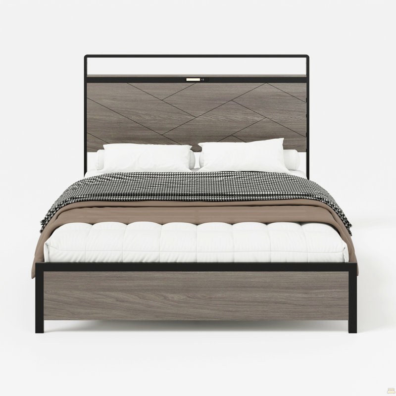 Structure de lit pleine grandeur gris antique avec tête de lit à DEL, sous-espace, 2 ports USB, pas de bruit, rangement à étapes simples, éclairage tactile, charge de type C, mélange rétro moderne, fabrication solide