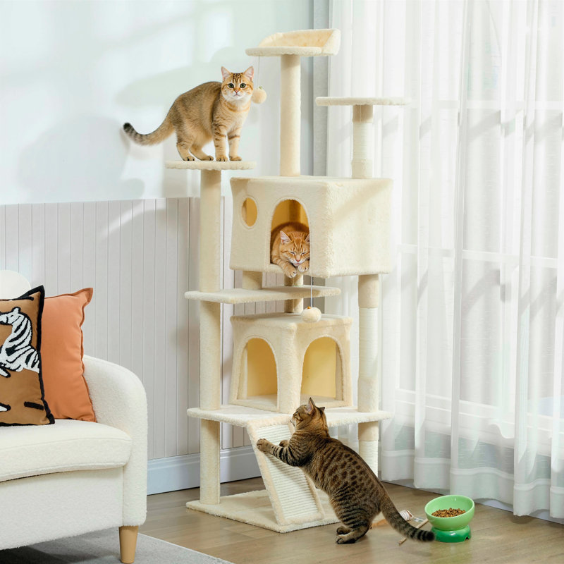 Tour pour arbre à chat 54 po avec poteaux à griffer, condos pour chat, blanc crème, Crème, H 63 po x l 19,3 po x P 19,3 po