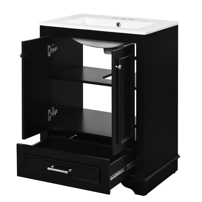 Meuble-lavabo de 24 po avec lavabo en céramique - meuble autoportant noir, conception élégante, poignées argentées, tablettes réglables, armoire de rangement spacieuse de style moderne, construction, poignée, polyvalence