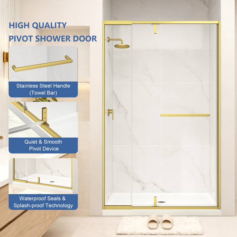 Porte de douche pivotante en aluminium brossé de 42 à 48 po x H 72 po en or brossé avec verre trempé transparent de 1/4 po, longueur réglable