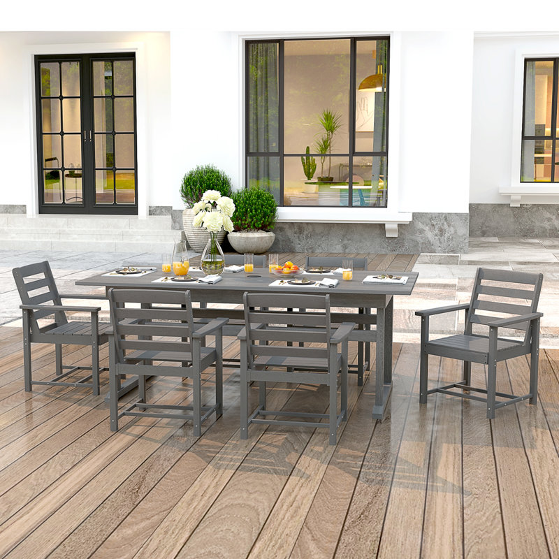 7-Piece Outdoor Dining Set, HDPE Poly Lumber Patio Furniture, 6-Person Rectangular Table with Umbrella Hole, All-Weather Heavy Duty Slatted Design, Fade-Resistant