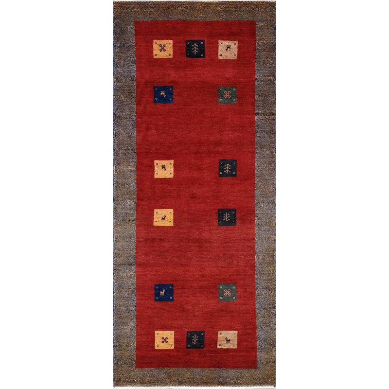 Tapis rouge en laine noué à la main Tribal - 2 pi 10 po x 6 pi 8 po