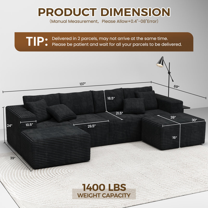137" Comfy Cloud Couch, Modular U Shaped Sectional Sofa With Chaise And Ottoman, Black Corduroy