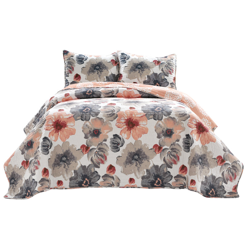 Leah Reversible Quilt Set, Coral, King Quilt + 2 King Shams