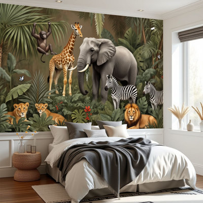 Papier peint auto-adhésif Éléphant de la jungle, girafe, zèbre, lions, singe parmi les papiers peints, H 69 po x l 96 po, papier peint amovible en PVC, adhésif pour chambre à coucher, bureau à domicile