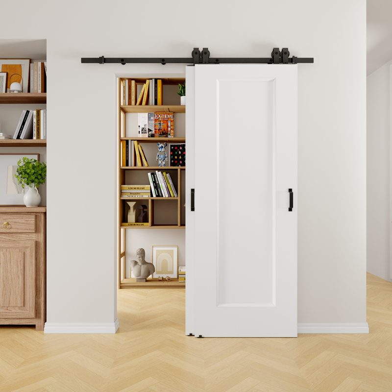 Portes doubles de grange coulissantes 80 "à 1 panneau et à noyau creux apprêté blanc H 80" avec trousse de quincaillerie - Aucun assemblage requis