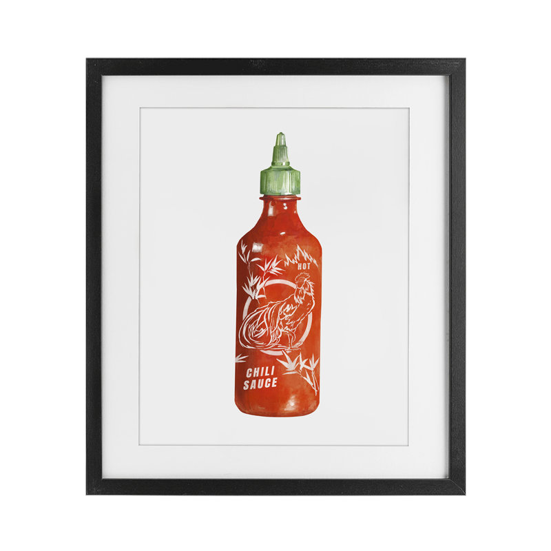 Iconic Hot Sauce Bottle Under Glass, art encadré par Rylen McNett, H 21 po x l 17 po, Cadre noir minuit sous verre
