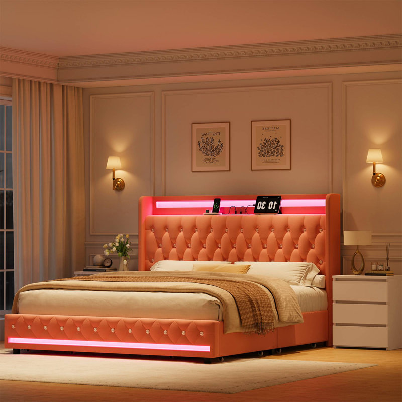 3-Piece Modern Elegant Bedroom Sets With Velvet Bed & Two Storage Nightstands, Full, Pink