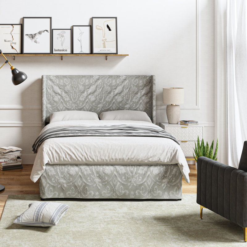 Carlyon Upholstered Platform Bed with Washable Slipcover and Under-bed Storage, King, Pattern DAMASK