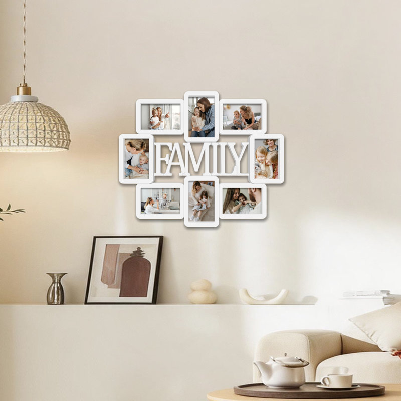 Cadre 8 photos en PVC blanc avec collage de famille avec centre de lettres 3D Family, cadre de galerie mural irrégulier pour photos de famille uniformes 4 x 6, blanc