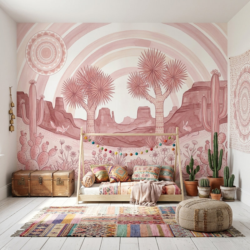 Papier peint rose avec paysage désertique, arbres de cactus amovibles et plantes grasses, 140 po x 108 po, Peler et coller