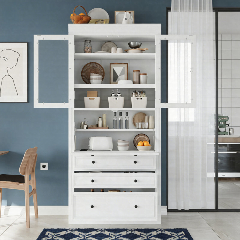 Garde-manger élégant de style shaker Eltera de 78 pouces avec portes en verre et surface rabattable, Blanc