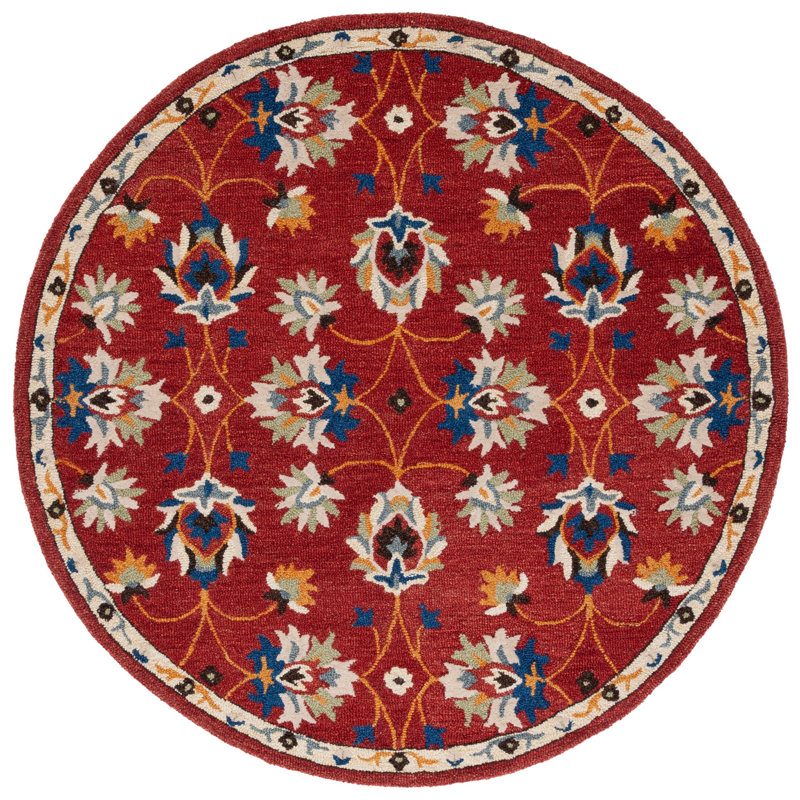 Caleesi Micro-Loop Hand Tufted Wool/Cotton Floral Rug in Rust/Beige/Blue, Round 5'